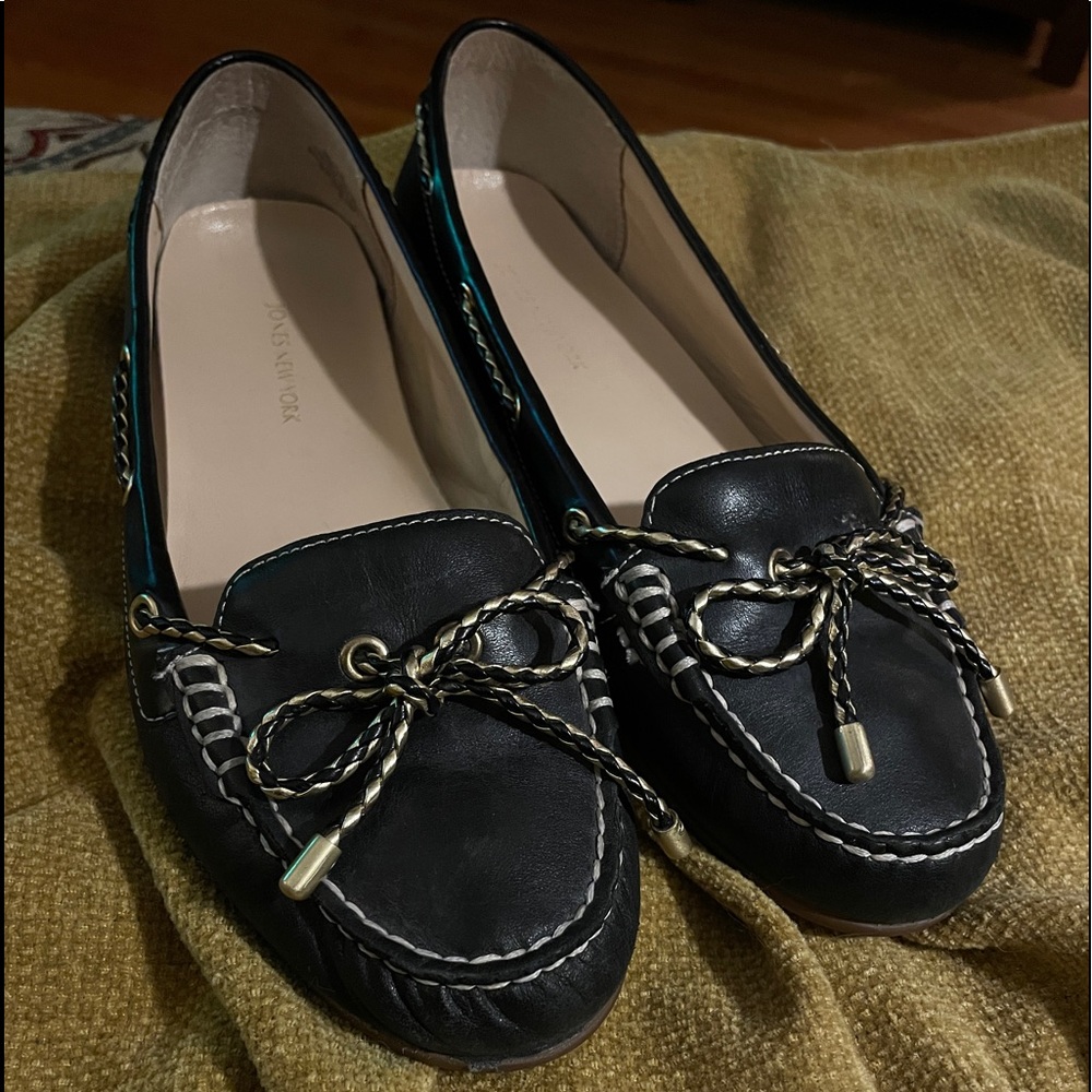 Women's Black Leather Boat Loafers with Braided Trim